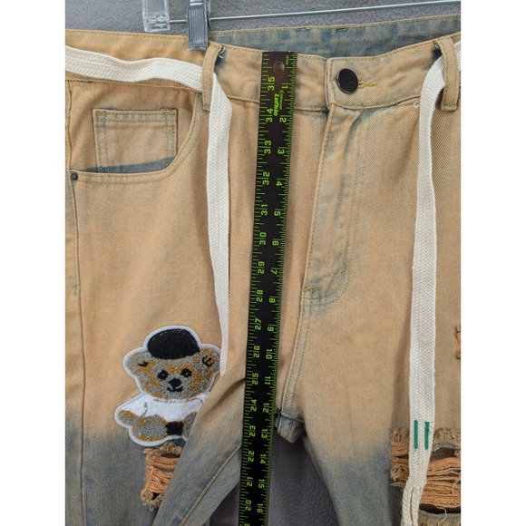Men's Teddy‎ Bear Patchwork Distressed Varsity Jeans Size 36 Cotton Streetwear - Picture 6 of 12